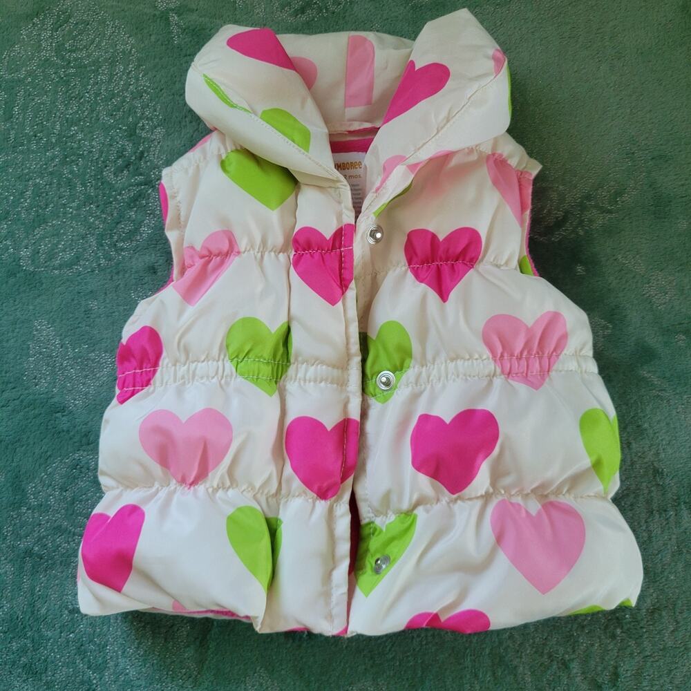 Gymboree Size 6-12 Month Heart Puffer Winter Sleeveless Vest Pink Green White